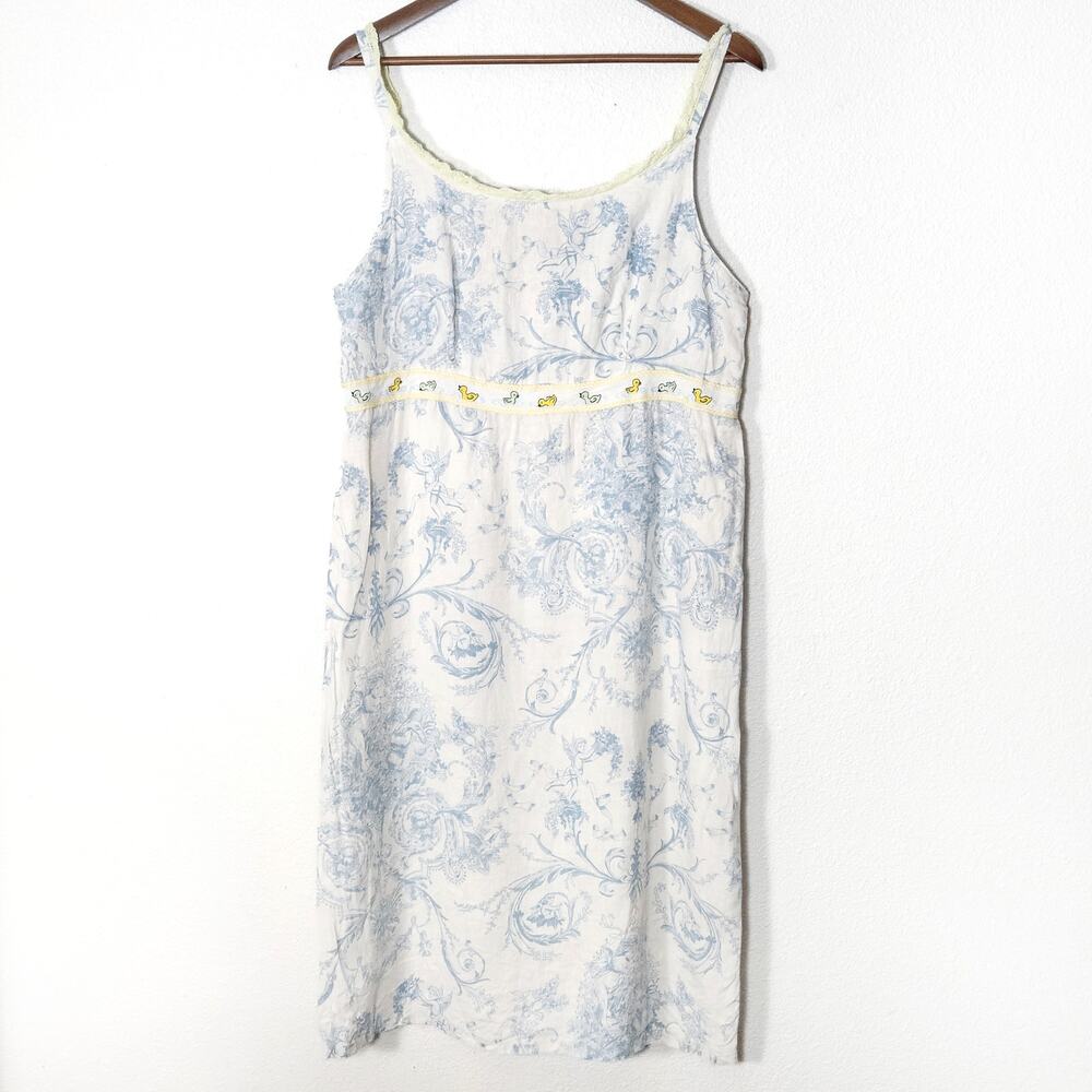 MATCH Linen Dress Blue White Size 14 Cottagecore Coastal Romantic